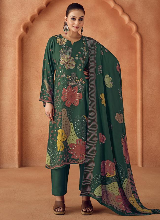 Pure Viscose Pashmina Green Festival Wear Printed Salwar Suit